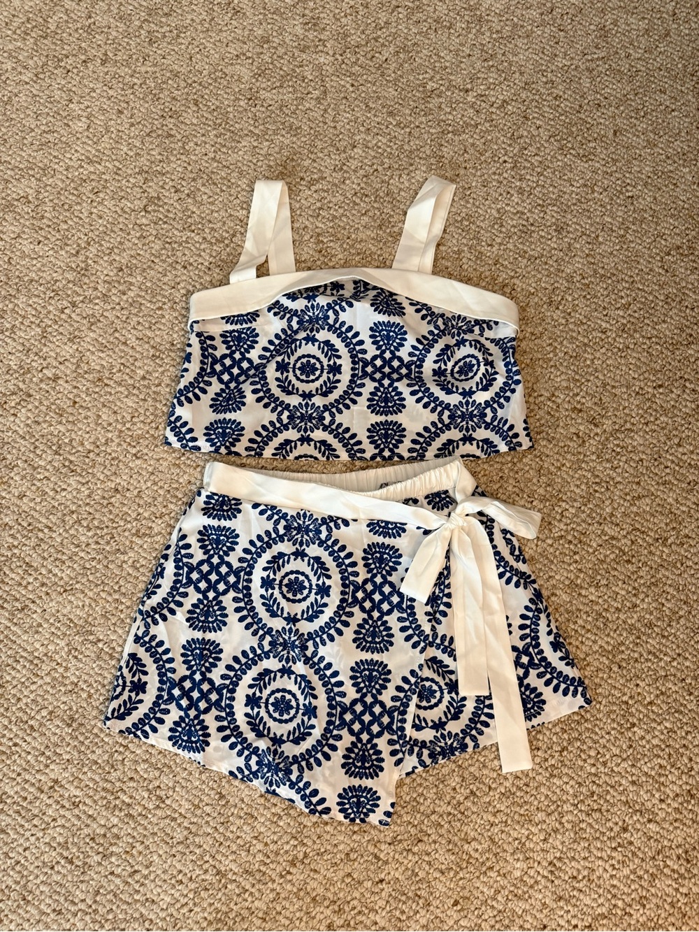 White & Blue Printed Two-Piece Crop Top and Tie Shorts Set